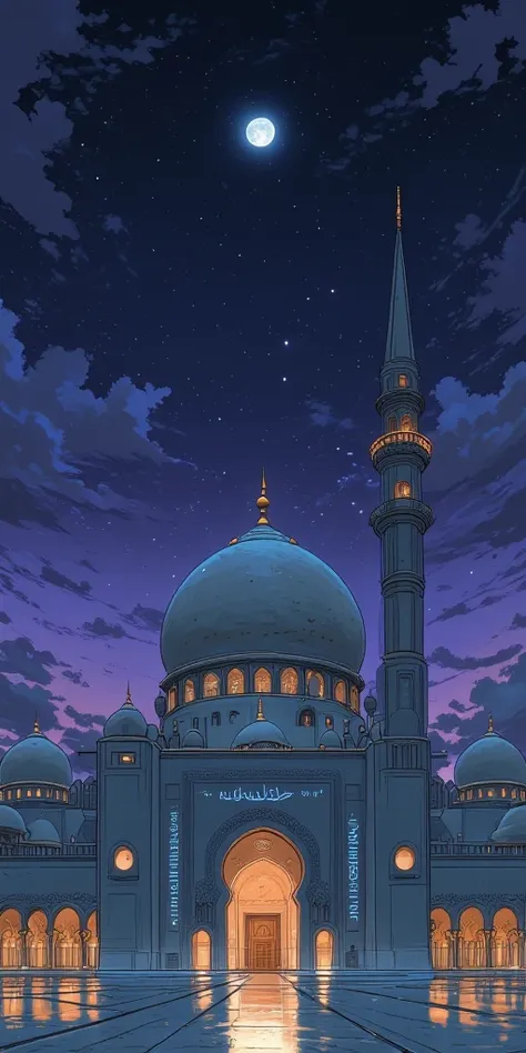 "A breathtaking anime-style illustration of a grand white mosque dome (Gumbad) with intricate golden details, viewed from a low-angle perspective. The elegant architecture showcases fine Islamic patterns and a towering, majestic minaret beside the dome. Th...