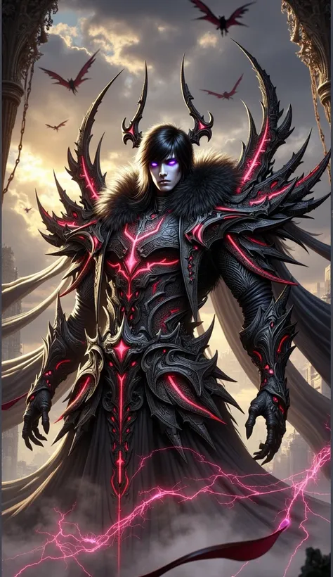 A tall, menacing black-haired boy, clad in intricate, dark, armor adorned with glowing crimson energy lines. His eyes are a dark purple. The armor is highly detailed, with sharp, ornate spikes and curved, claw-like gauntlets, giving the warrior a majestic ...