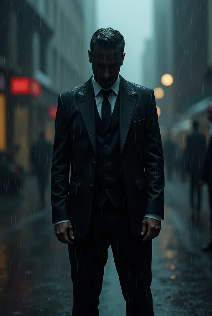 The man is wearing black suit, you can't see his face. It's raining