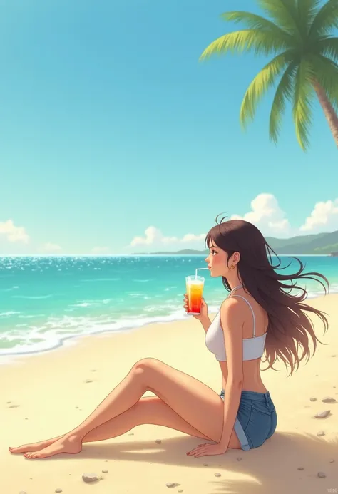 Girl on beach holding drink sitting 