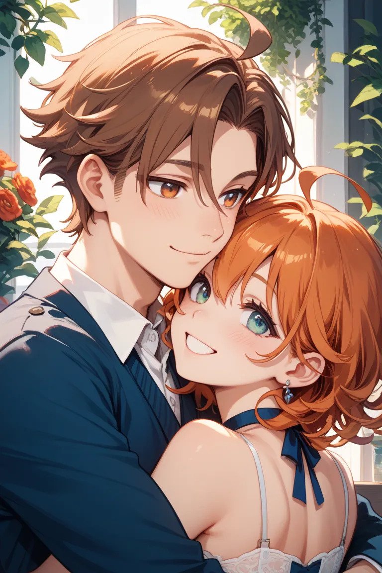 Couple, male pair, happy-looking smiles, back hug, A is hugging from behind with chestnut-brown hair, A has sharp, upturned eyes with reddish-brown irises, B is being hugged and has orange hair with a central hair tuft and an ahoge, B has droopy eyes with ...