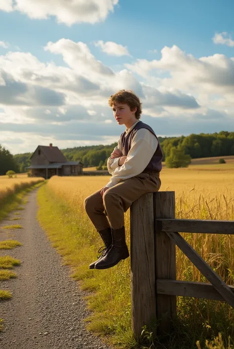 a farm boy, in medieval clothing, sitting on a wooden gate, on a gravel path, waiting for someone, old farmhouse, countryside landscape, golden wheat fields, blue sky, fluffy clouds, warm afternoon light, detailed facial features, thoughtful expression, ru...