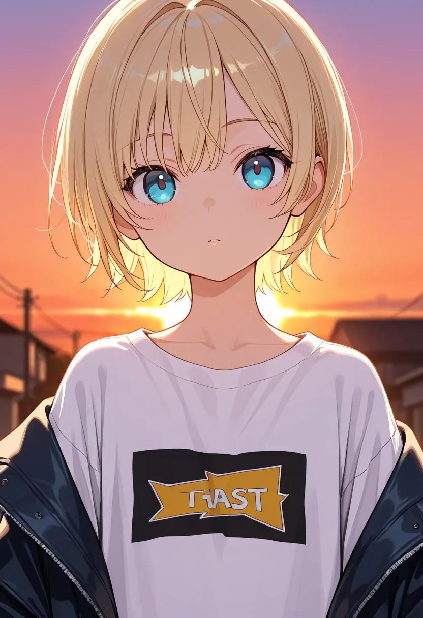 sunset, looking at viewer, upper body, 1girl, young, blonde hair, short hair, blue eyes, oversized t-shirt, jacket