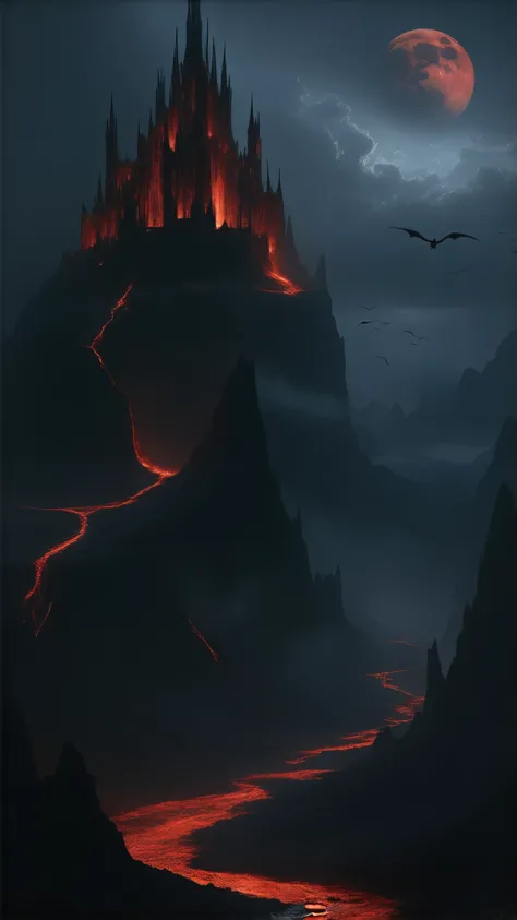 A dark fantasy landscape featuring a towering, gothic castle perched atop jagged, rocky cliffs. A massive, ominous blood-red moon looms in the sky, casting an eerie crimson glow over the entire scene. The castle, with its tall spires and shadowy battlement...