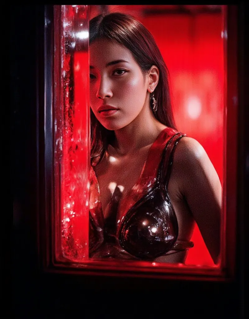 (((Full body view:1.8))), 1 girl, (((voyeur photography))), Cinematic photography of a window reflection from a tall skinny beautiful Korea sensual actress Bae Suzy posing naked in the window of glass-wall apartment with cinematic red neon lighting, (((Bae...