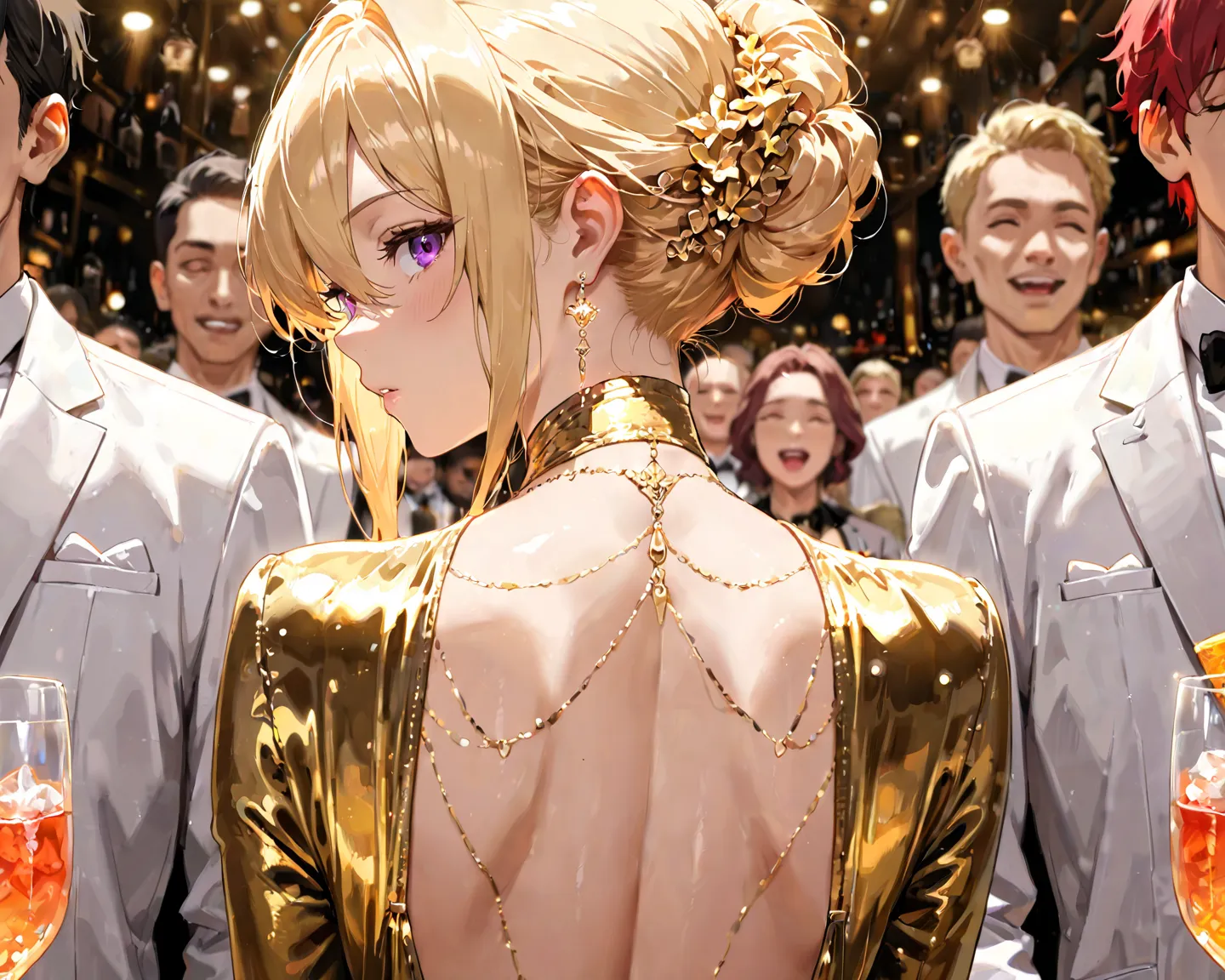 1girl, long blonde hair, hair inbetween eyes, cute, detailed eyes, purple eyes, facing viewer, sexy, welcome to Enigma, holding a cocktail, formal attire, black and gold dress, High Resolution, Masterpiece, Accurate, Anatomically Correct, Best Quality, Det...