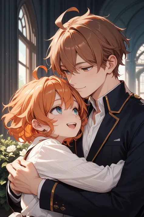 Couple, male pair, happy-looking smiles, hugging from behind, A is hugging from behind with chestnut-brown hair, A has sharp, upturned eyes with reddish-brown irises, B is being hugged and has orange hair with a central hair tuft and an ahoge, B has droopy...