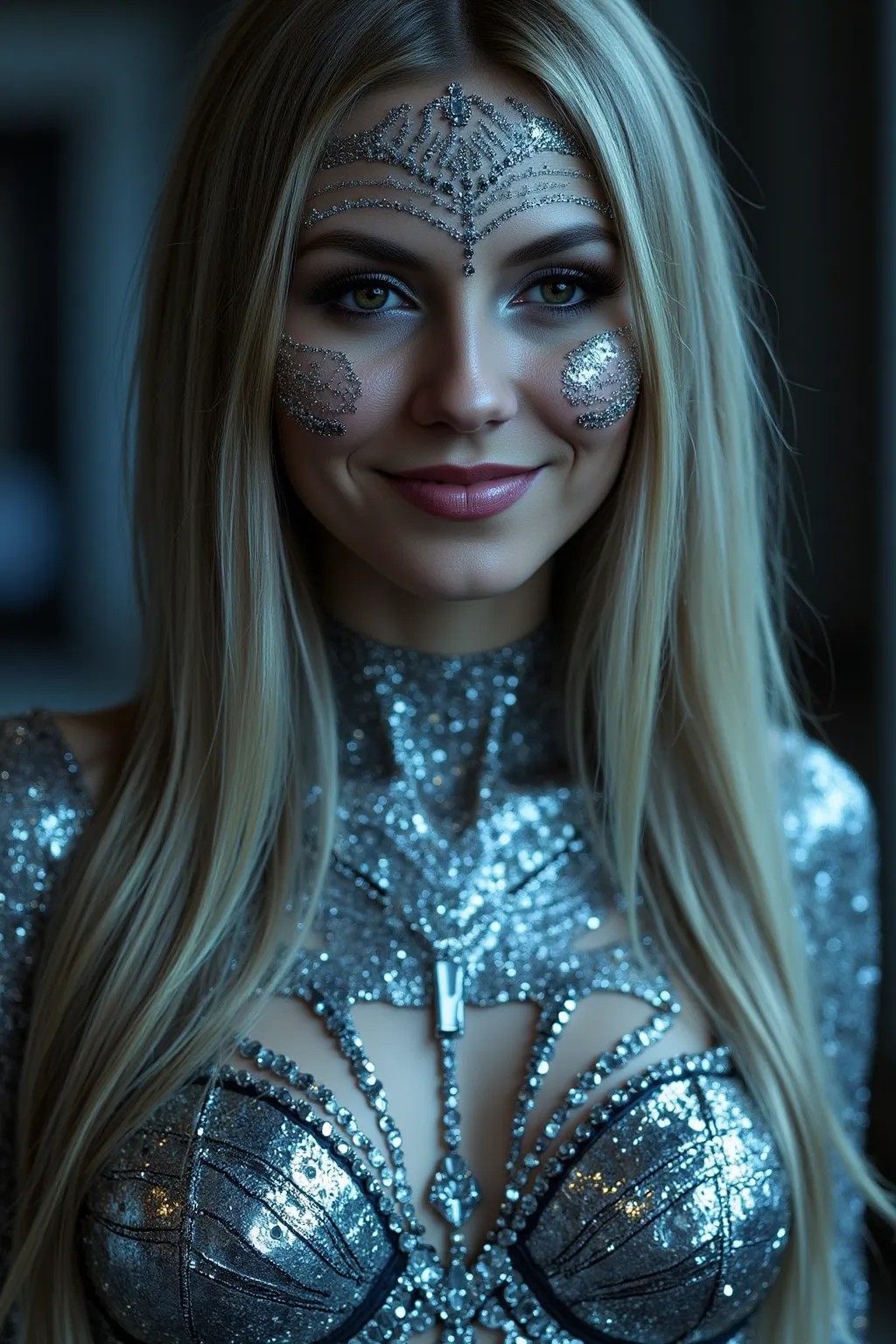 she   smiles.  is evil space alien in disguise.  blonde.   naked wearing only silver reflective mirror-like paint on her body head to toe,  Silver reflective  skin  like a mirror,      glowing breasts under the paint.  She is  bioluminescent   .  