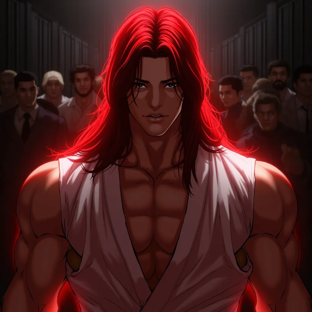  1A man who is a father, good looks, long red hair, all white light aura eyes, strong body, durable, moderate muscle, big tall, karate shirt, broken karate shirt, prison background, lots of people sleeping in a lot of pain, high definition, depth of field,...