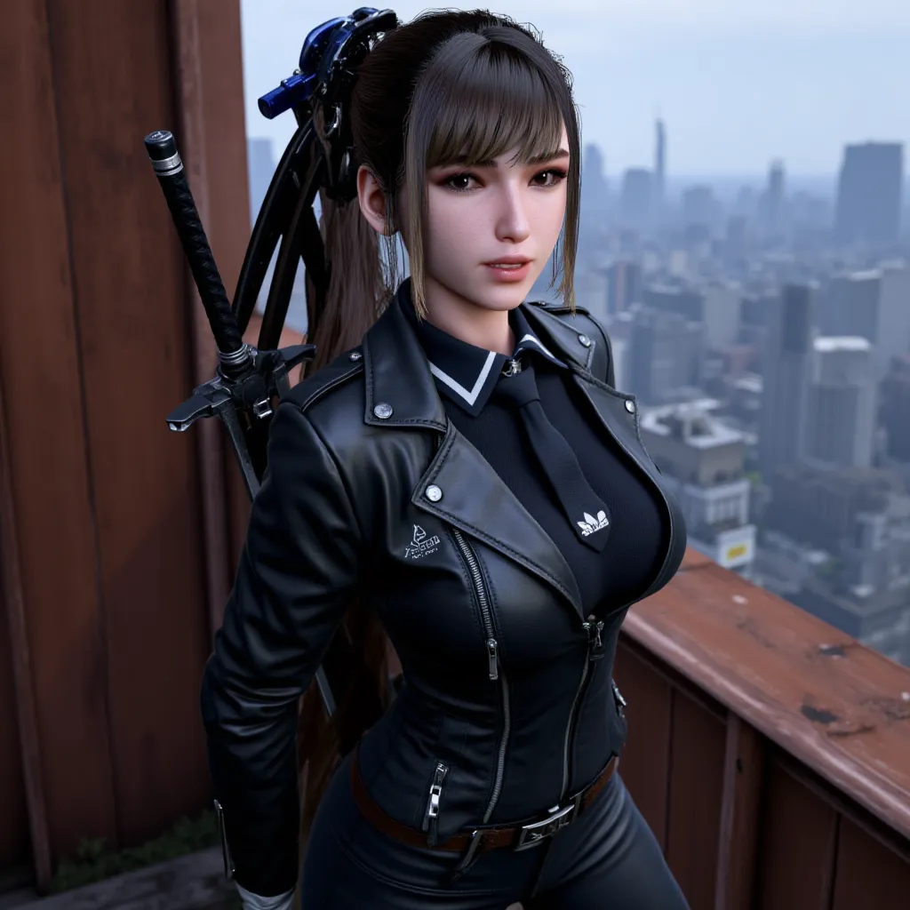 Ponytail, long black hair,hair ornament,(close up:1.5),(from above:1.1),disgust expression, parted lips, Standing close inbetween the viewer and against a wooden wall overlooking a city, arms down, hands behind back,black leather biker jacket unzipped,polo...