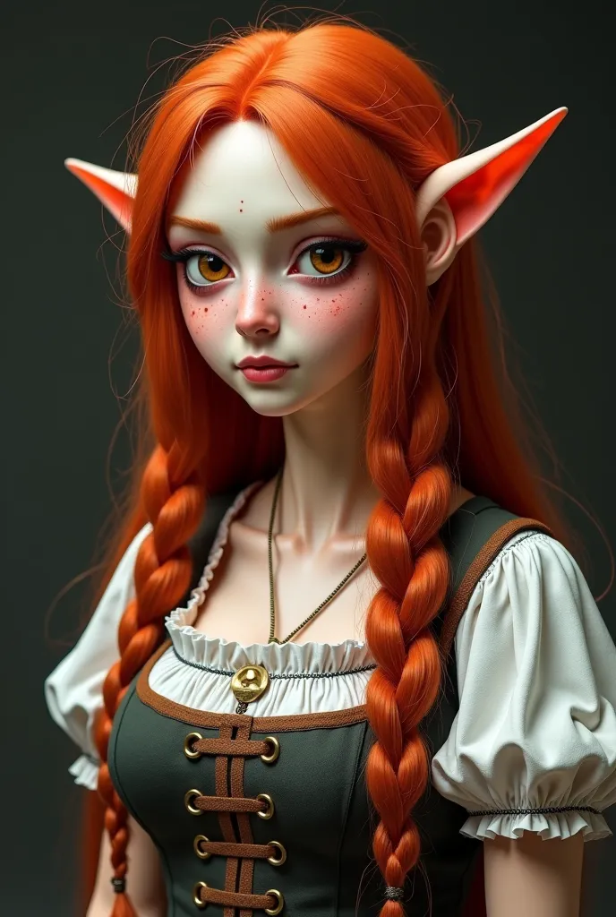 Realistic dark: Adult woman with ears and socks by Kitsune, white with orange ears, curvilinear body, long red hair, wearing peasant clothing from 1880, firm expression, strong and irritated, Your face is round and with freckles, your eyes are a bit big
