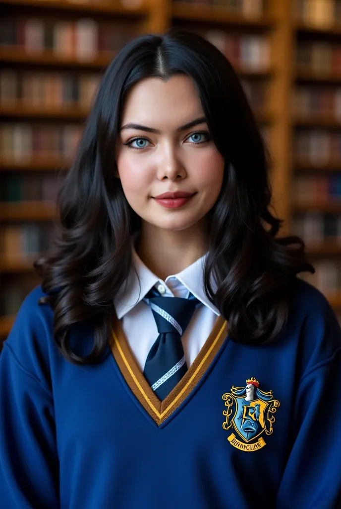 Use this photo to place this person wearing Ravenclaw , one of the four houses of the Hogwarts School of Witchcraft and Wizardry from the Harry Potter series The coat of arms identical to the one in the movie. Chest-length black hair

• The colors of Raven...