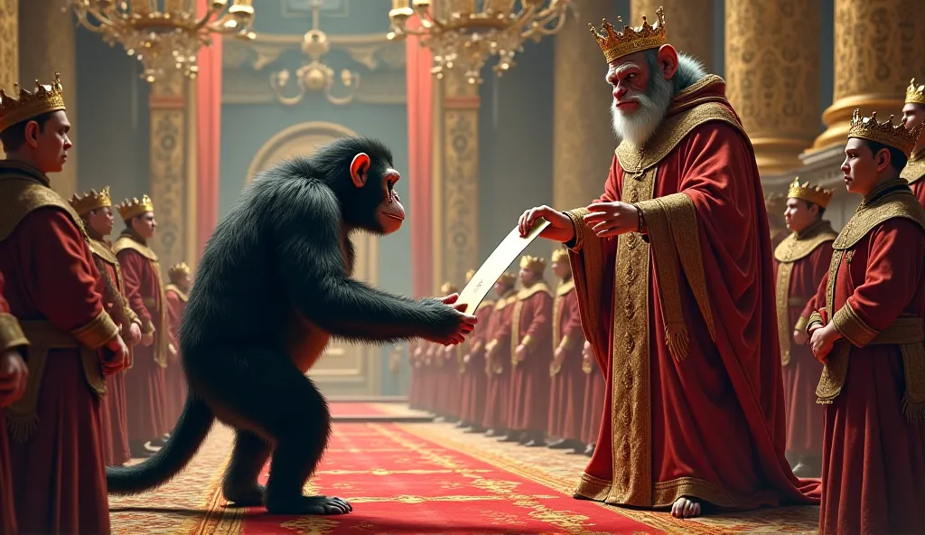 A Chimpanzee messenger standing in the royal court, handing a scroll to the angry king, while ministers and guards look on in worry."