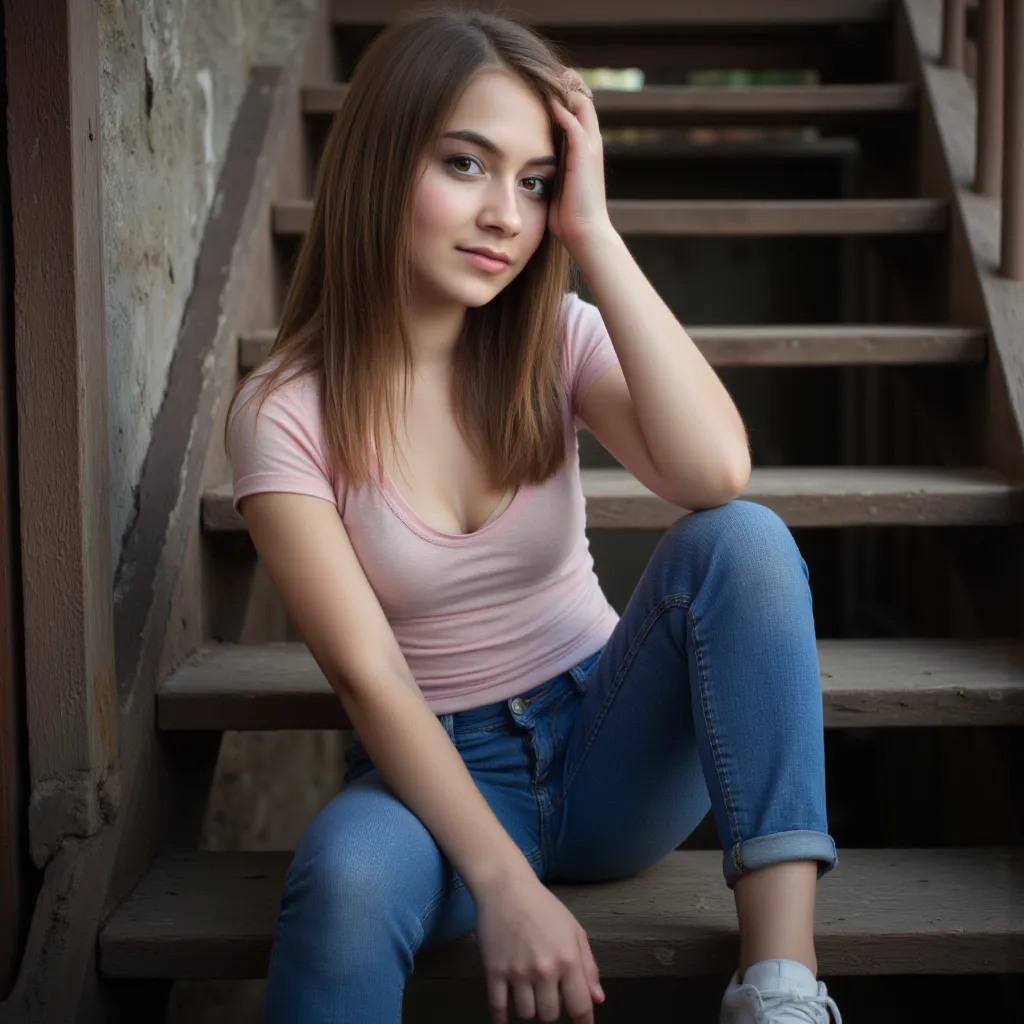 woman sitting on a staircase. Hat ein rosanes Tshirt an. a pair of jeans and sneakers.  style photorealistic ,  sharp focus, very detailed,   full body