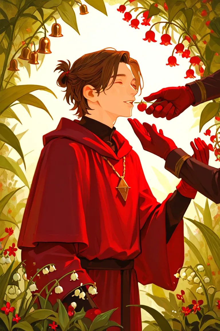 12years boy with short brown hairstyle, warning a red robe with a hoode, and a golden bell necklace, a hand with red gloves feeding him red berries, a background of plants, with few lilies of the valley flowers, and tiny red flowers, sketchy, dream aesthet...