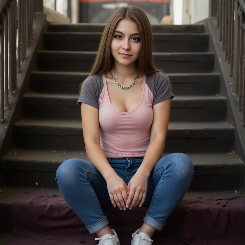 woman sitting on a staircase. Hat ein rosanes Tshirt an. a pair of jeans and sneakers.  style photorealistic ,  sharp focus, very detailed,   full body