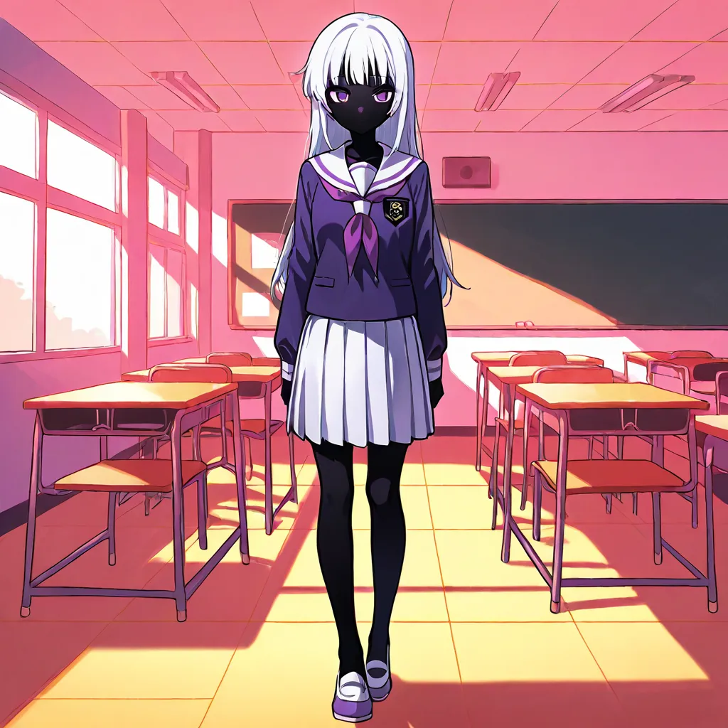 score_9, score_8_up, score_7_up, score_6_up, score_5_up, score_4_up queen tyr'ahnee, black_skin, white_hair, purple_eyes, full body, school uniform, school, classroom, solo