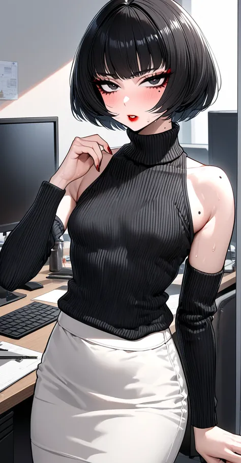 female character, solo, single character, adult female, dark piercing eyes, black eyes, black hair, short hair tucked in, black makeup visible around eyes, long eyelashes, very red cheeks, full view of character, moles visible and detailed, sweat, office d...