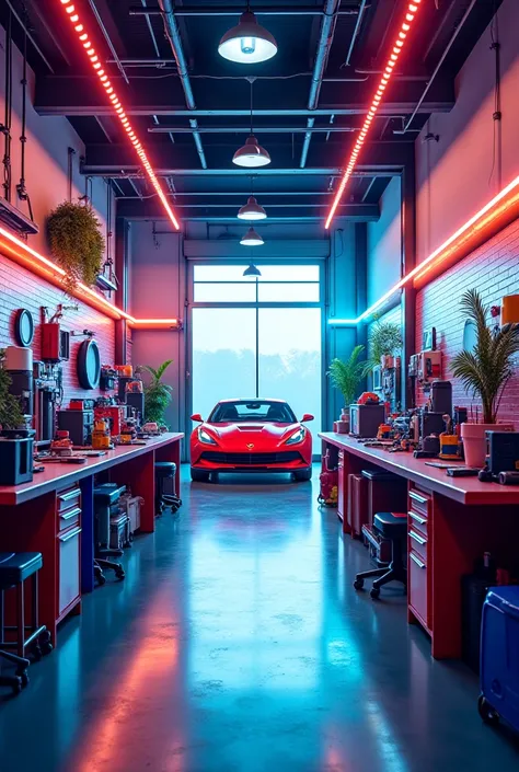 Create an image inside a car repair shop but with light with various colors organized and with some space 