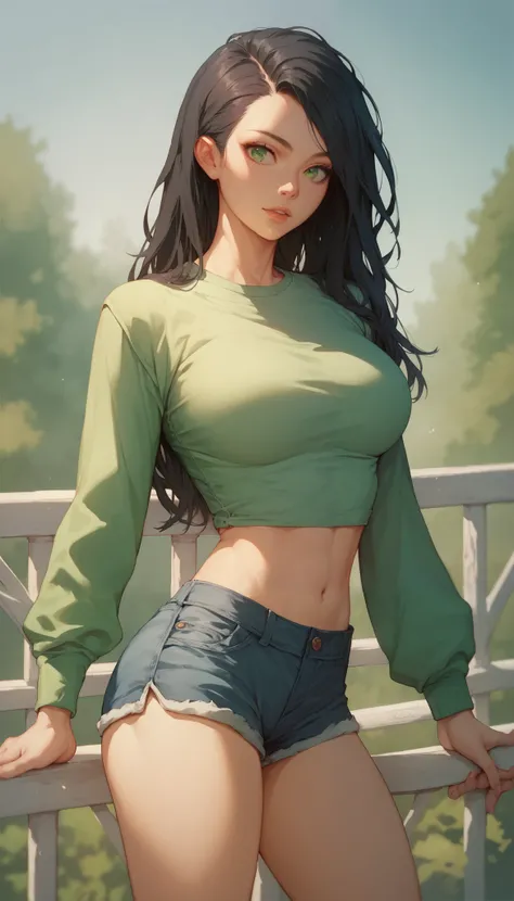 Anime style, young woman, long Black hair, green eyes, slender, hourglass figure, large breasts, long sleeve shirt, exposed midriff, booty shorts