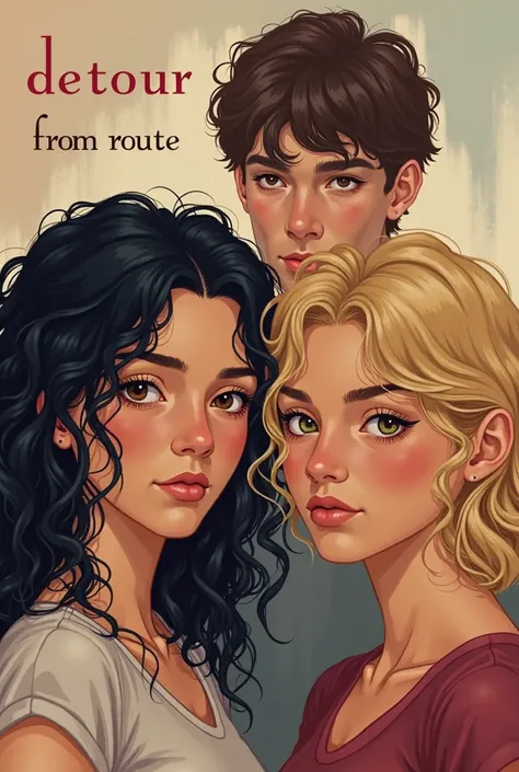 A vertical illustration for book cover, where three characters. Lens In the foreground, two young women: Ruth, appear with long curly black hair, and Livia, with very short blond hair and light greenish eyes, both with expressions that convey romantic tens...