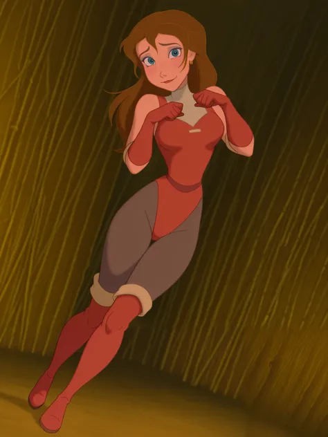 (anime screencap:1.2), 1girl, medium breasts, (JaneXL:1.1), long hair, brown hair, blue eyes, white makeup, light smile, dutch angle, shy pose, shy, looking at viewer, portrait, dynamic pose, red long gloves, red leotard, black pantyhose, red thigh high bo...