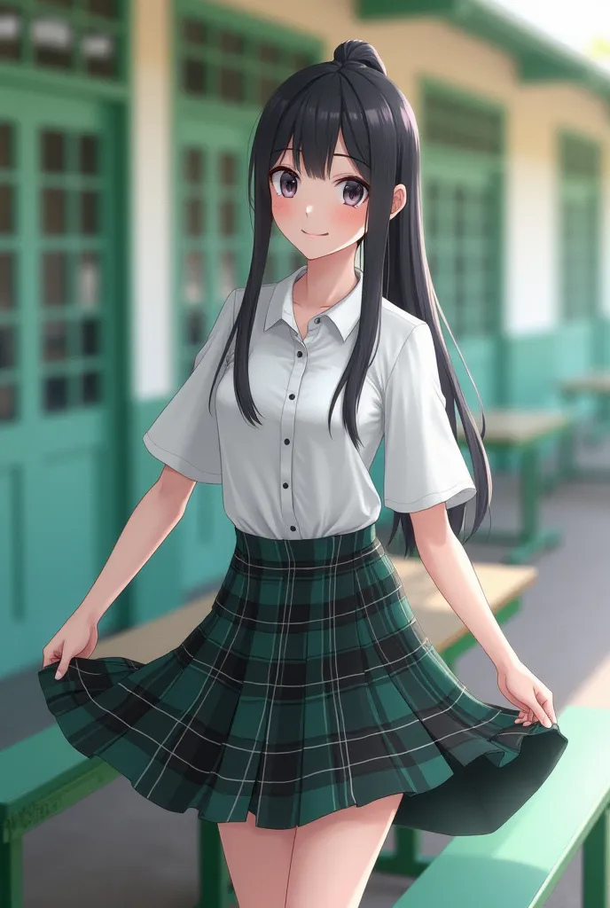  Made of green metal,  She's wearing a white shirt(((big boobs , big boobs , nsfw)), Plaid skirt and she lifts the hem of her skirt high , and black shoes.  Her long black hair is tied in a ponytail . she is looking directly at the camera with a playful sm...