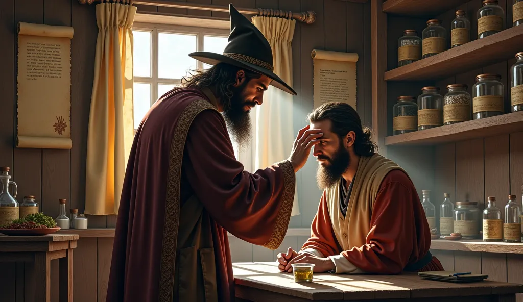 Medieval doctor diagnosing a patient – A wise-looking physician in a long robe and hat, gently touching a patient’s forehead, checking for fever. The setting is a simple wooden room with herbal remedies and parchment scrolls.