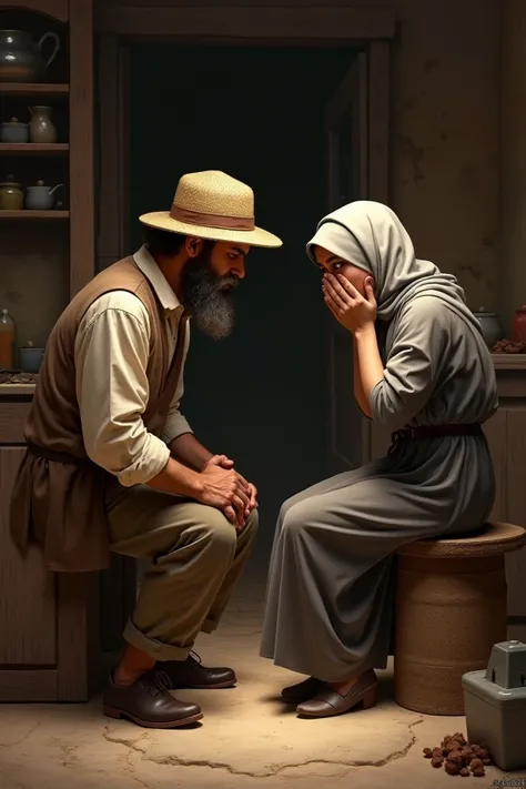 A dimly lit rustic interior with an old wooden cabinet and simple kitchenware in the background. A bearded man wearing a straw hat and simple peasant clothing kneels, speaking gently to a young woman who is visibly distressed. She sits on a stool, covering...