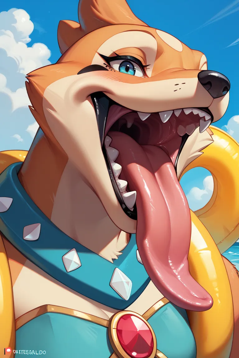 Floatzel Peludo,   Pokemon  ,   mocking expression  ,   pretty,   cartoon  , close up of her open mouth, sharp and pointed teeth, long pink tongue sticking out of his mouth, Looking at the spectator,   Female