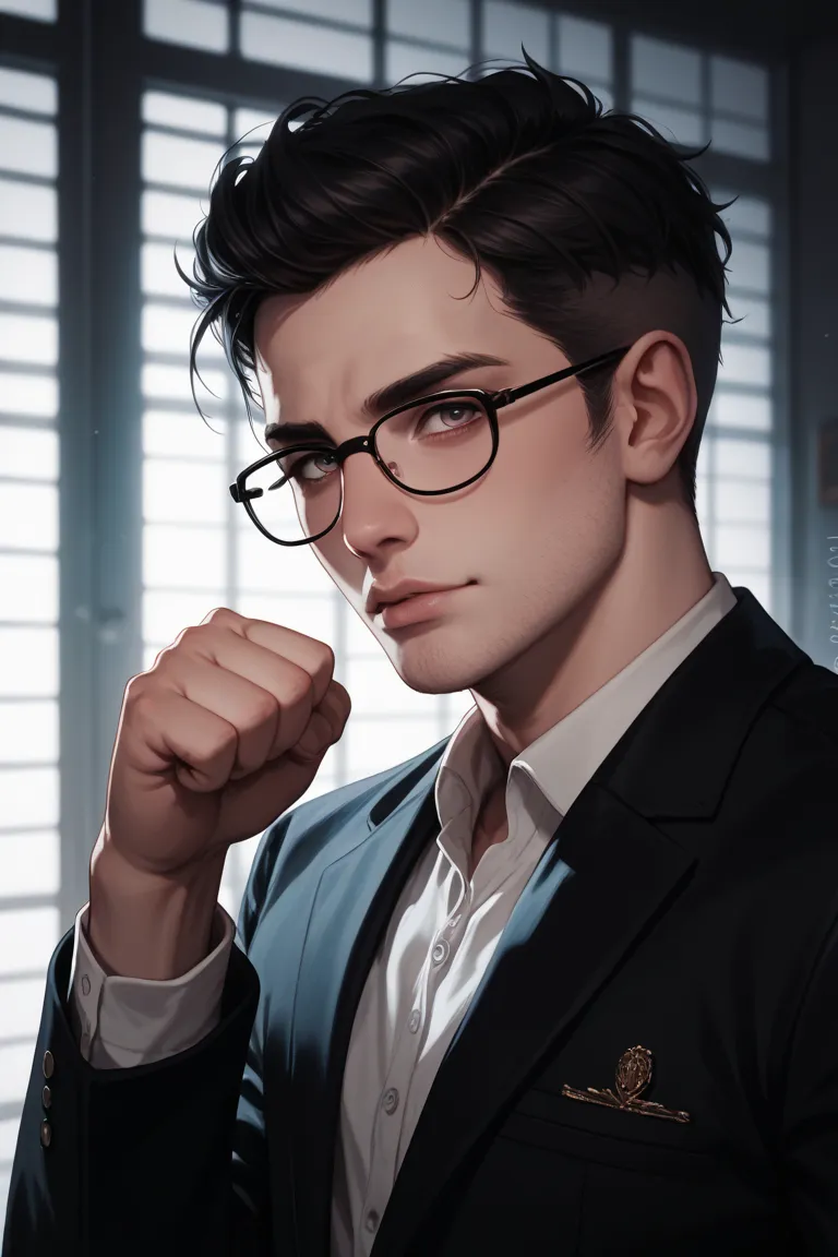 Dark-haired male in yandere wearing glasses