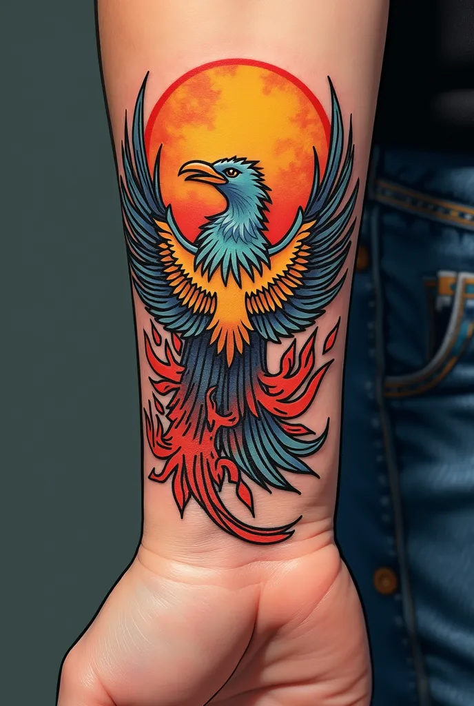 Wrist tattoo for guy, mix style Ukraine, war, Aichi, phoenix, a small , tattoo on the wrist on the inside of the arm above the palm, maybe in anime style, such that you want right away