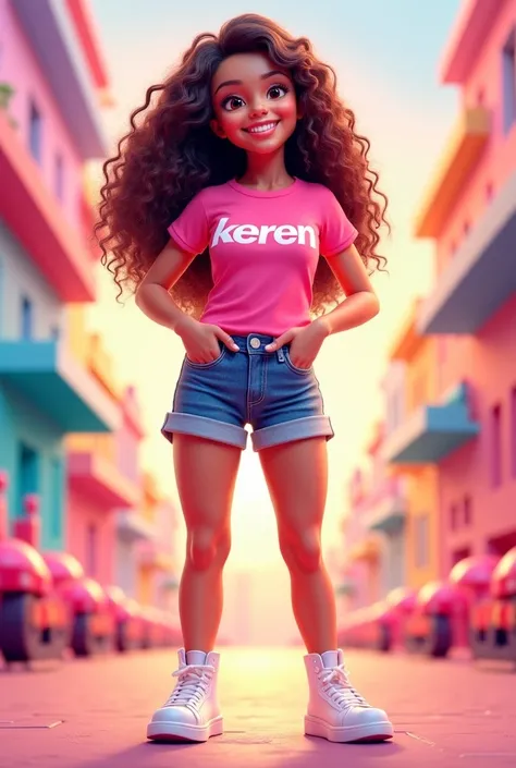 , s,  long curly hair , 3d drawing, In long pink t-shirt and jeans shorts and white sneakers, Keren written on clothes, cheerful background