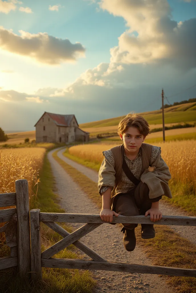 a farm boy, in medieval clothing, sitting on a wooden gate, on a gravel path, waiting for someone, impatient and excited, old farmhouse, countryside landscape, golden wheat fields, blue sky, fluffy clouds, warm afternoon light, detailed facial features, th...