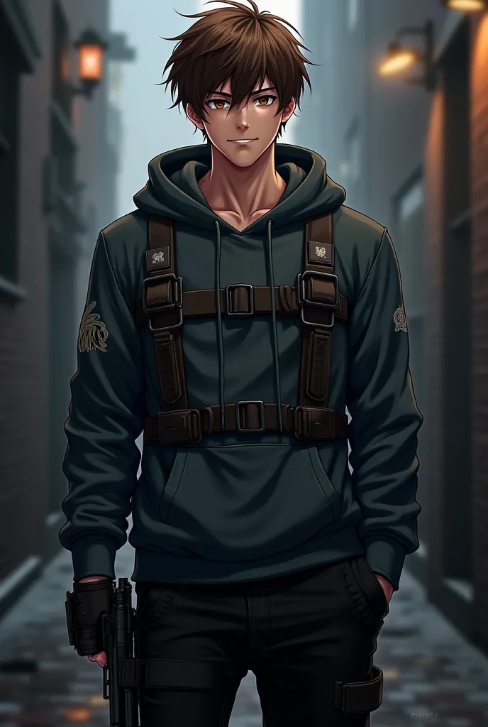  Anime style. 25 year old anime guy with brown hair. He is wearing a dark grey sweater with a hood and gun belts and black pants.  Full-length guy . He smirks