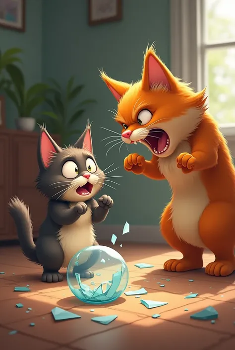 A cartoon cat clip is more realistic. A cat breaks glass, his mother gets angry and hits him, and the cat runs away from home 