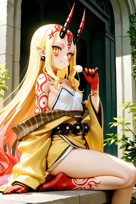 NSFW,masterpiece,Highest quality,Hi-Res,very detailed,Ibaraki Doji\(Fate/Grand Order),long hair、 Gold、side lock、yellow eyes、pointed ears、 face mark 、tattoo、 forehead mark、ghost、horn、Sharp Claws, kimono、 yellow kimono、Head ornament、earrings、gem、 Biz 、off sh...