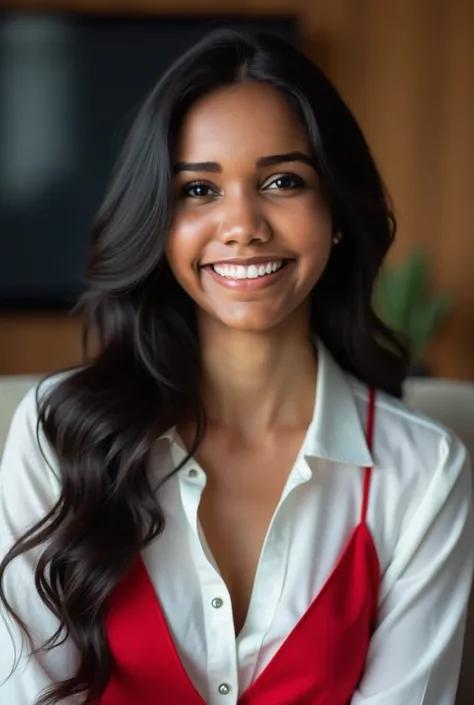 Traços indenticos a mulher da imagem e vestida com uma  roupa elegante vermelha smiling woman with long black hair and white shirt in front of a tv, looks like fabiula nascimento, perfect smile, friedly smile, pretty smile, lovely smile, malika favre, ayah...