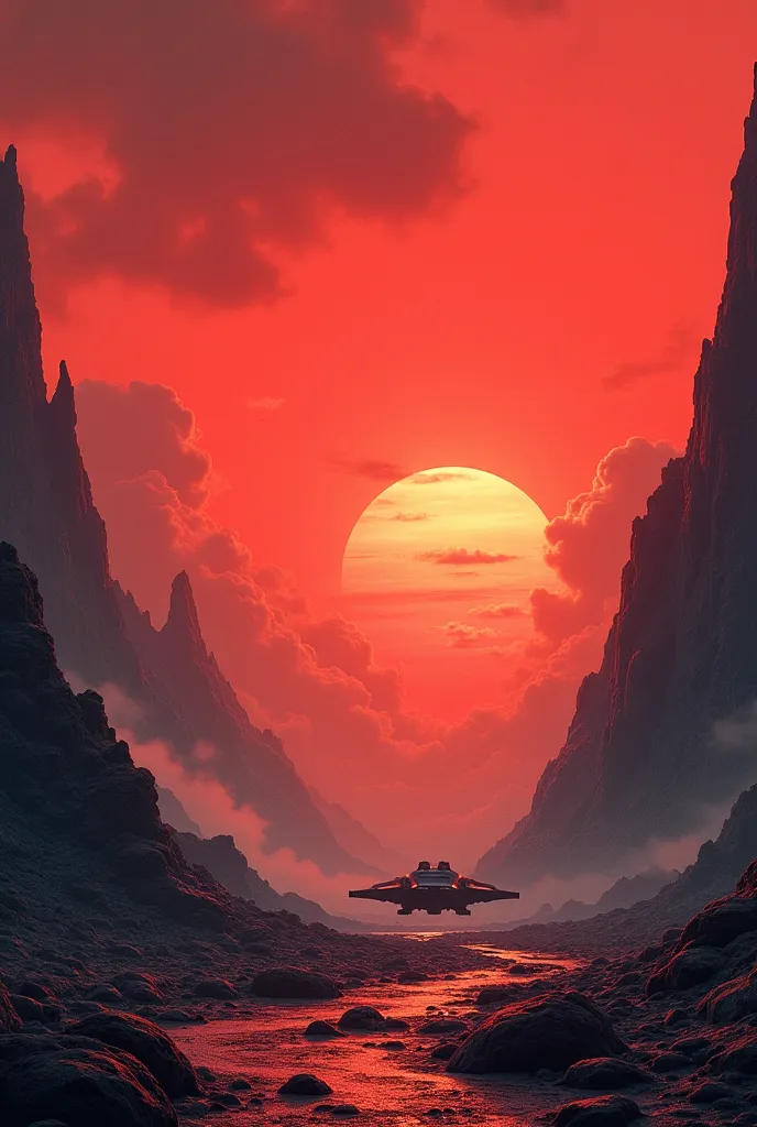 A desolate alien landscape under a crimson sky, with jagged mountains and a lone spaceship landing on a rocky plateau. The atmosphere is eerie and otherworldly, with swirling clouds and a sense of unexplored danger. The cover should evoke a feeling of adve...