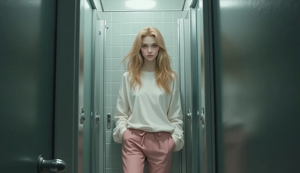 Lisa une fille de 16 ans cheveux blonds qui porte un pull blanc et un pantalon rose, cachée dans une cabine des toilettes scolaires écoute derrière la porte 