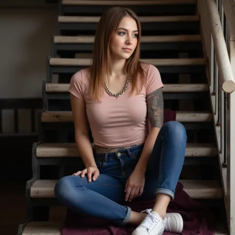 woman sitting on a staircase. Hat ein rosanes Tshirt an. a pair of jeans and sneakers.  style photorealistic ,  sharp focus, very detailed,   full body