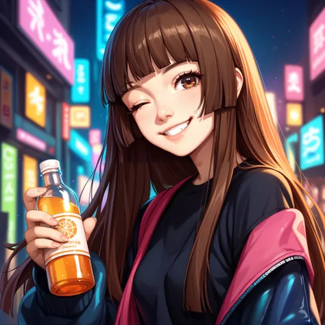 score_9, score_8_up, score_7_up, source_anime, 1girl, solo, smile, one eye closed, brown hair, long hair, hime cut, hmcut, brown eyes, holding a bottle, small breasts, cute, vibrant colors