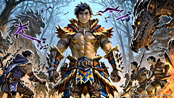 Imagine a Monster Hunter Wilds world. Show me a character who is a male with black hair, medium physique but not muscly. He should be in front of a dead monster looking at the camera with a menacing look. Three other monster hunters are celebrating him in ...