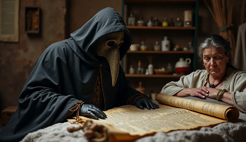 Превратил меня в настоящего монахаPlague doctor reading medical scroll – A plague doctor sits by a patient’s bedside, unrolling an ancient scroll with medical instructions. The patient, a European woman, appears weak but is receiving comfort. The doctor we...