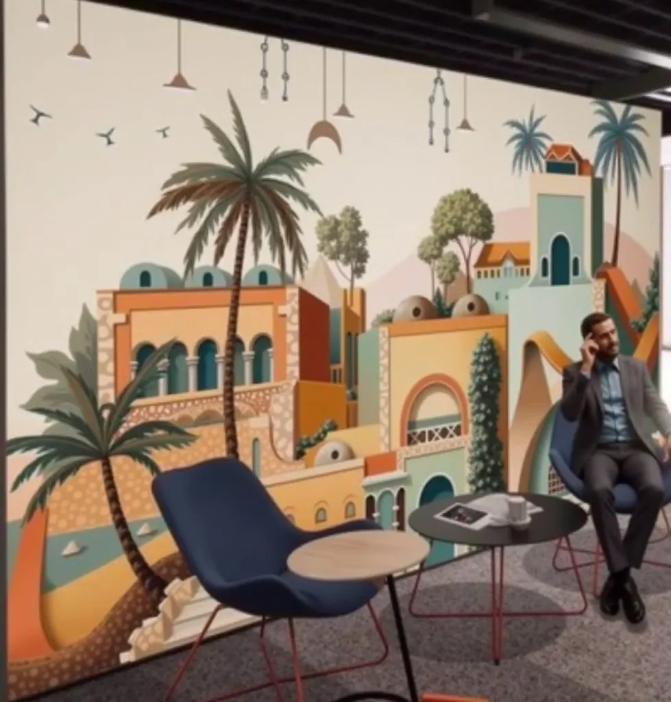 **"A vibrant wall mural of traditional Nubian houses, blending warm orange and sky blue tones. Featuring arched windows, domed rooftops, and palm trees, it captures the charm of Nubian heritage in an artistic style."