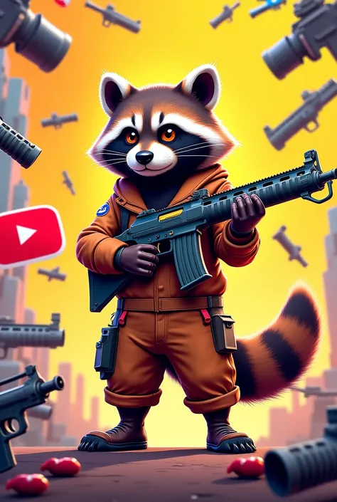 Raccoon and a brown jumpsuit together
 Happy with Free Fire guns like for YouTube logo
