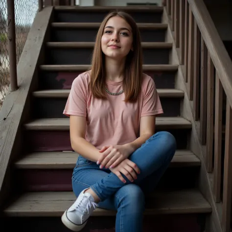 woman sitting on a staircase. Hat ein rosanes Tshirt an. a pair of jeans and sneakers.  style photorealistic ,  sharp focus, very detailed,   full body