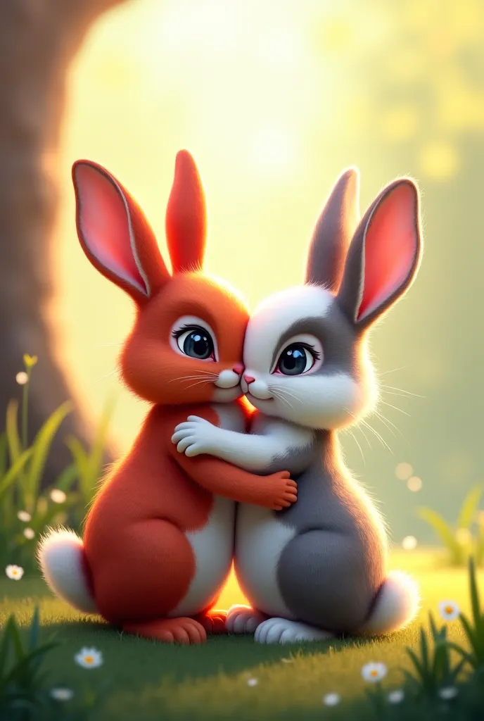 Two rabbits hugging, one red rabbit, and the second rabbit is white and grey