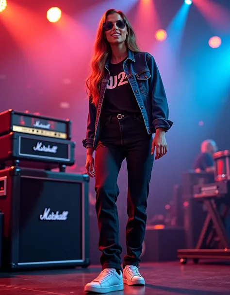 woman with long light brown hair and middle parting, Size: 165cm, Weight: 58kg,  she smiles , Her skin is tanned , she dances on a concert stage , She is wearing a black denim shirt with the text “U2” and black jeans and white sneakers and sunglasses, She ...