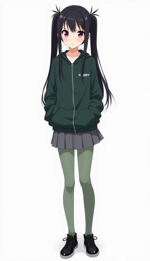 Japanese anime adolescent woman with long straight black hair with two pigtails and short tufts and intense magenta eyes and wears a dark green zipped sweatshirt, a short gray skirt , green stockings and black sneakers made of shiny leather with laces and ...